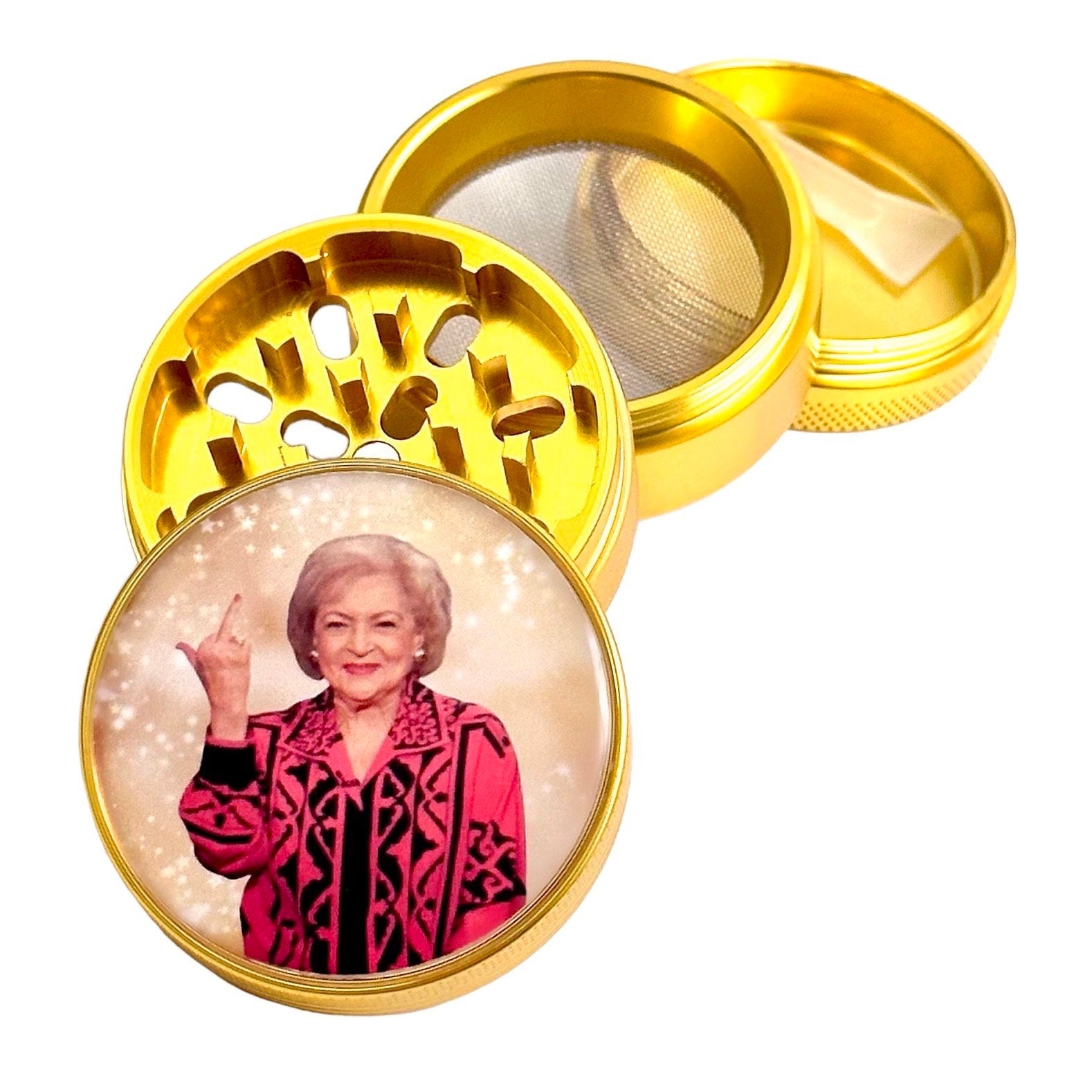 Betty White Grinder, Betty White Golden Grinder, Betty White Middle Finger