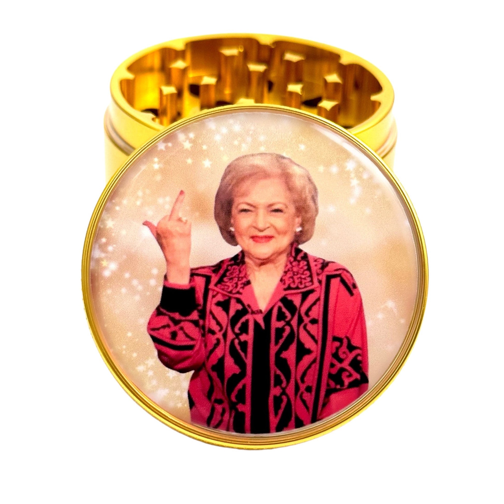 Betty White Grinder, Betty White Golden Grinder, Betty White Middle Finger