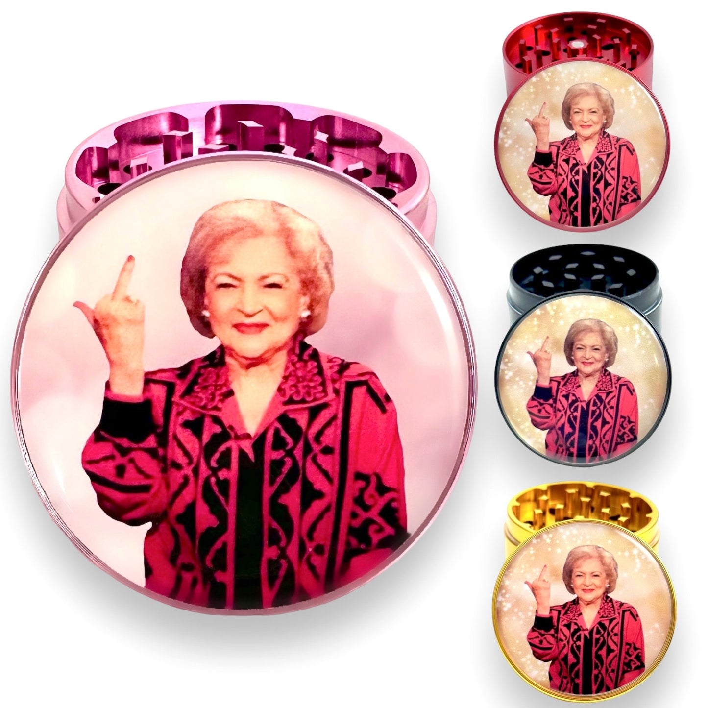 Betty White Grinder, Betty White Golden Grinder, Betty White Middle Finger